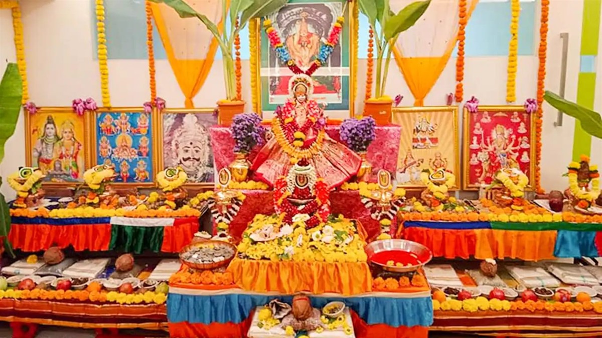 Beautiful Devi mandap decorated with flowers