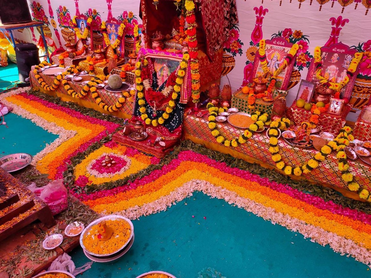 Sacred altar with flower rangoli