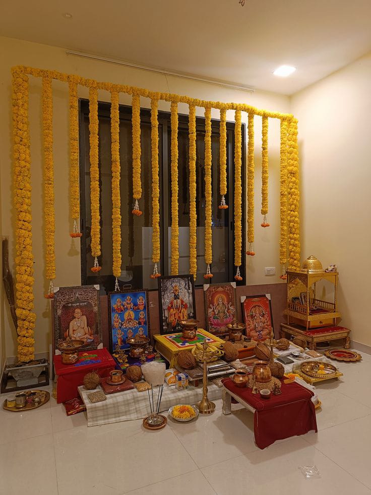 Home puja with marigold garlands